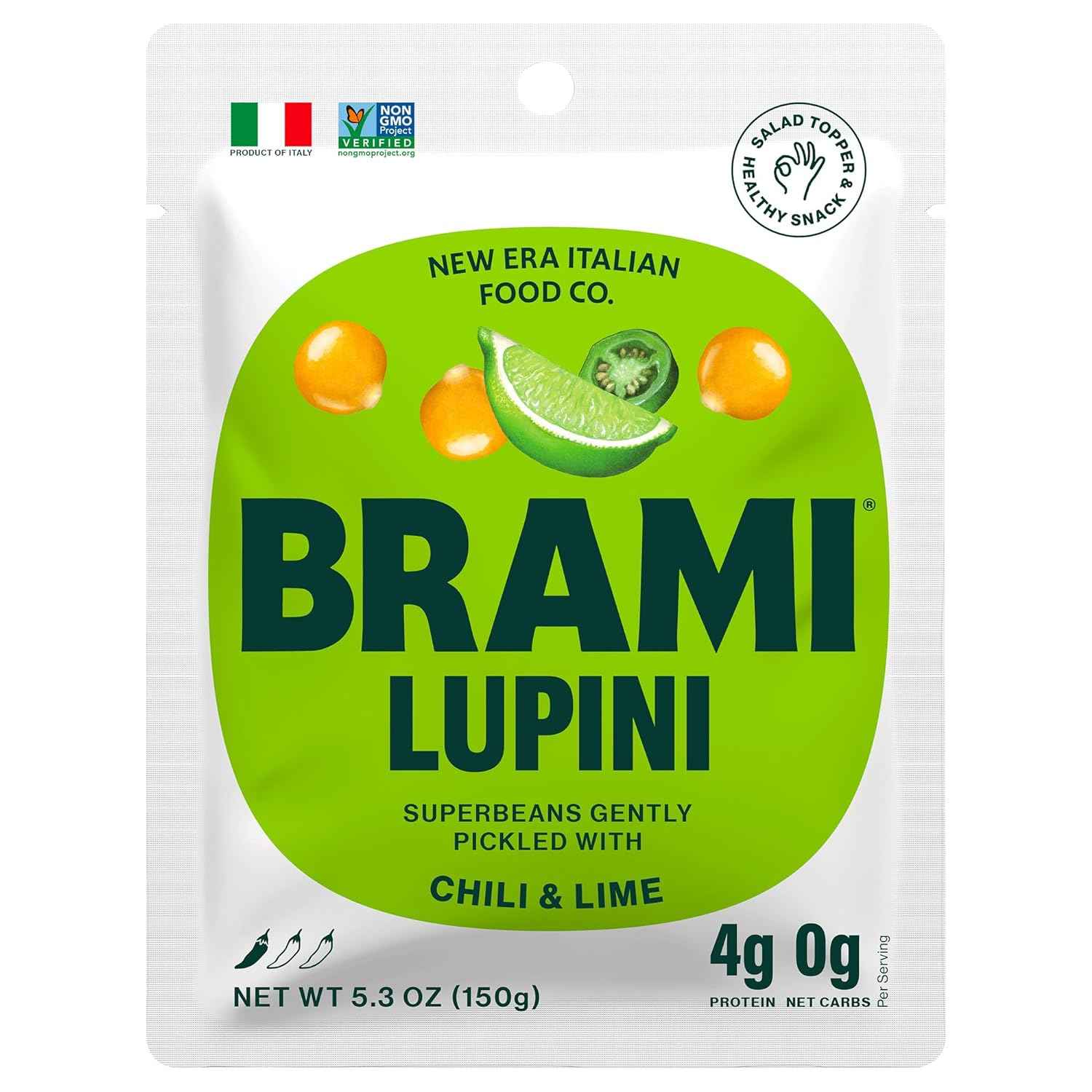 BRAMI Chili & Lime Lupini Bean Snack – Lunch Box Add-On for Plant-Based Kids and Adults, 7g Plant Protein