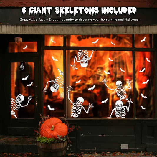 Giant Halloween Window Clings for Home Decor – 74-Piece Skeleton & Bat Set, Double-Sided Haunted House Display