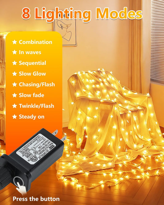 8 lighting functions including steady on, twinkle, slow glow, and chasing flash