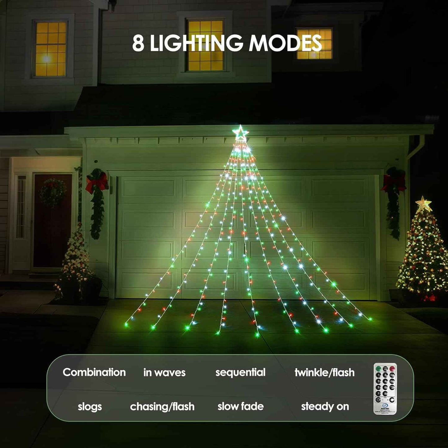 WBao Safe Outdoor Christmas Lights with UL588 Certification, Flameless 344 LED Waterfall Star Topper with Timer Auto Shutoff for Family Yard Decorating