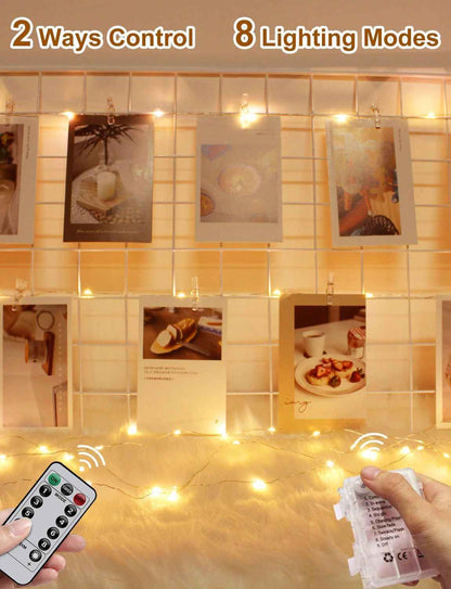 LECLSTAR Photo Clip String Lights – Cozy Bedroom Decor with 100 Warm White LEDs and 50 Clear Clips for Polaroid Displays
