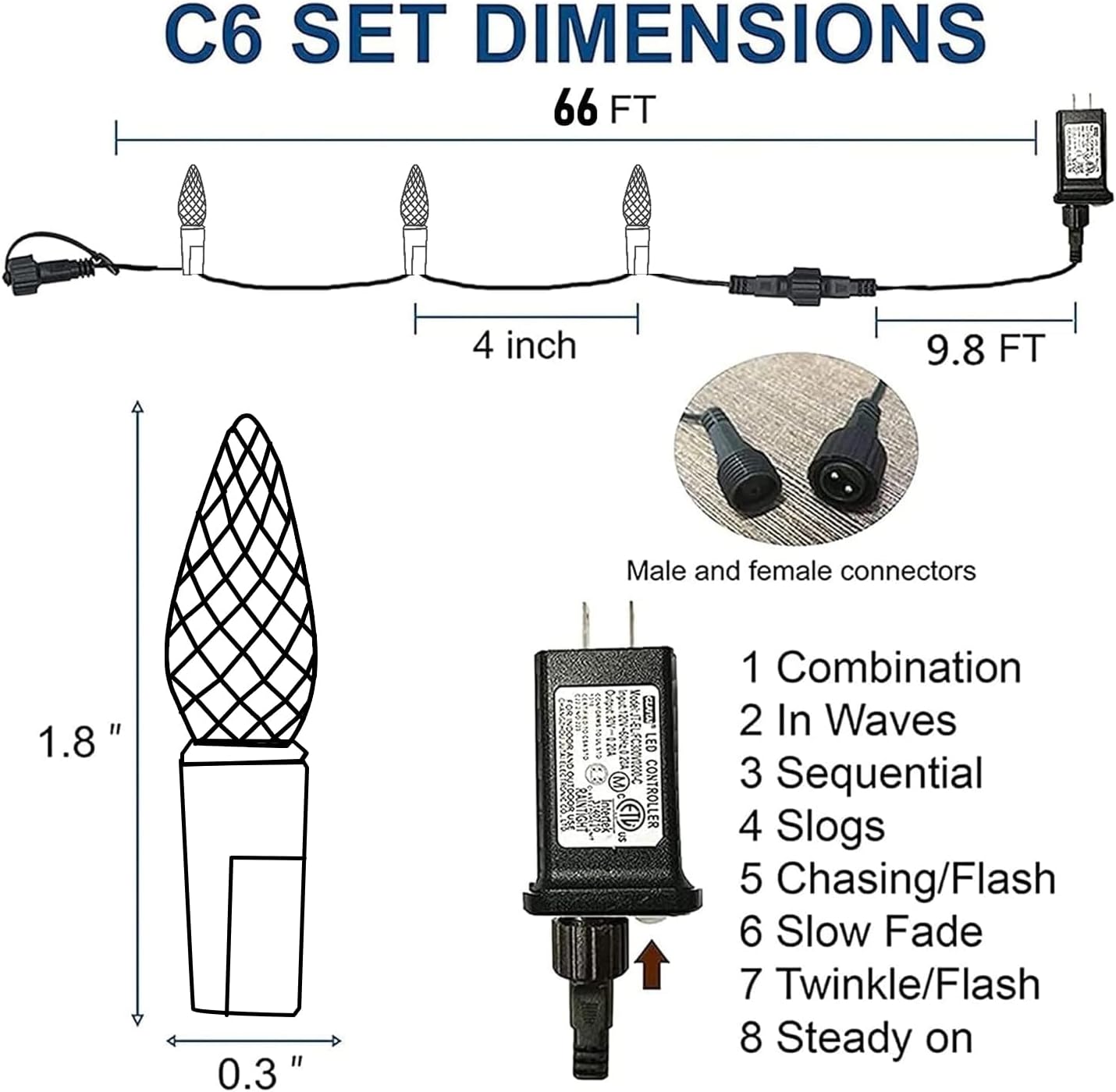 8 lighting modes (combination, twinkle, slow fade, steady on, etc.) controlled via transformer button