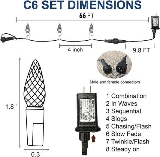 8 lighting modes (combination, twinkle, slow fade, steady on, etc.) controlled via transformer button