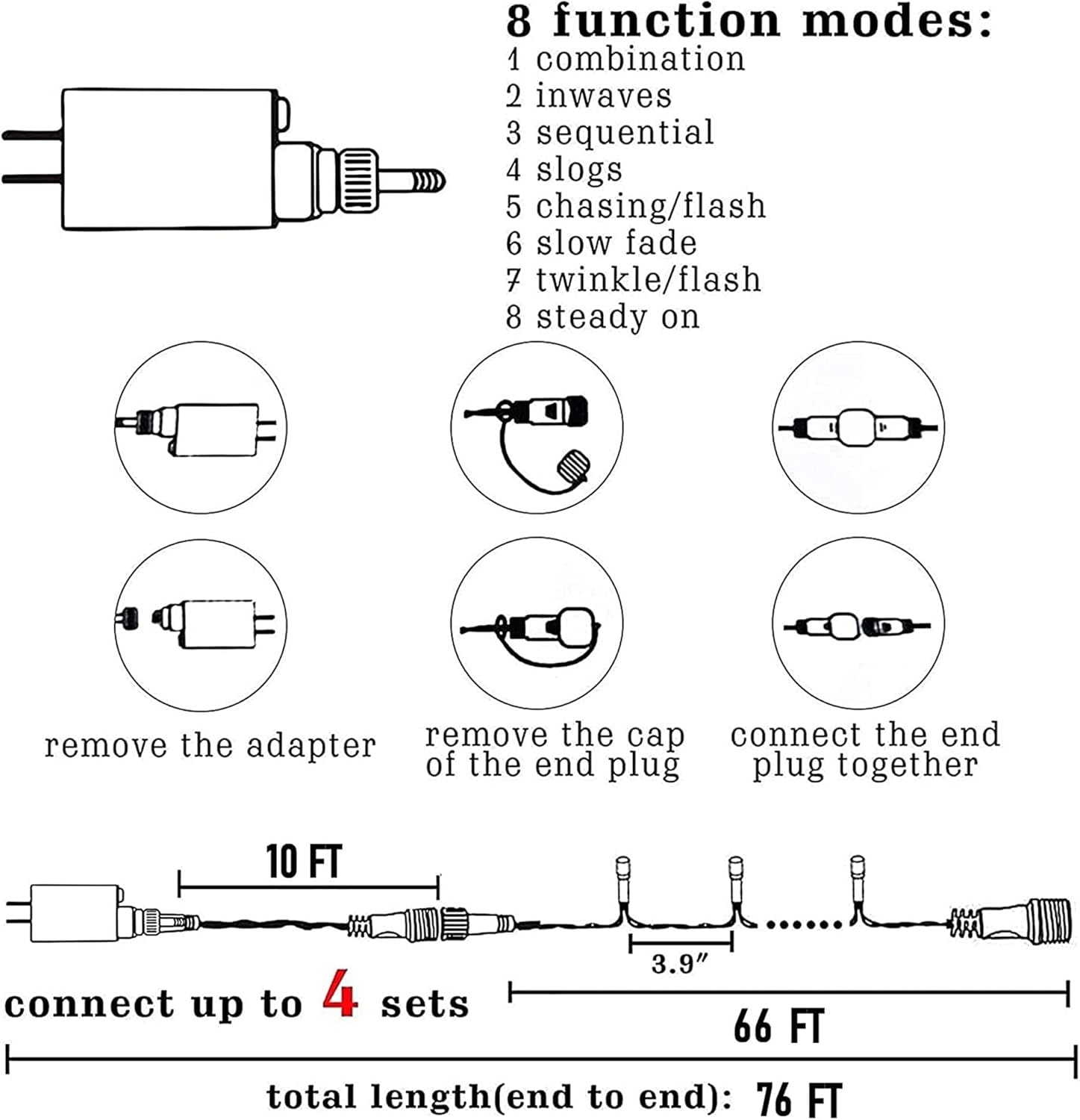 8 lighting modes controlled by transformer button: combination, slow glow, wave, sequential, chasing/flash, slow fade, twinkle/flash, steady on