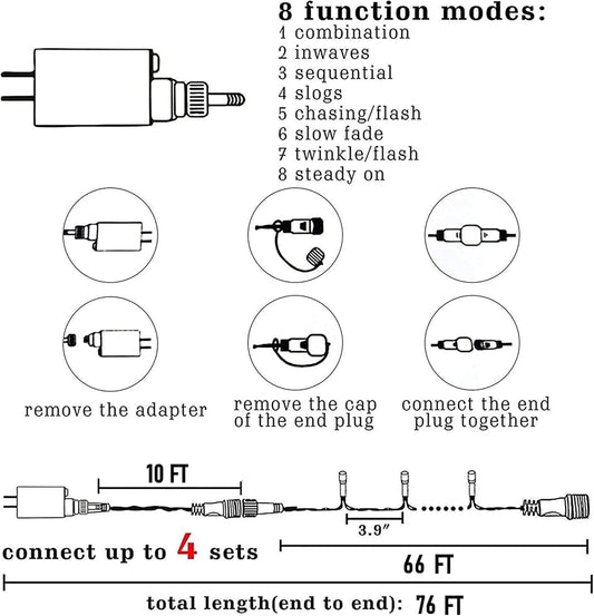8 lighting modes controlled by transformer button: combination, slow glow, wave, sequential, chasing/flash, slow fade, twinkle/flash, steady on