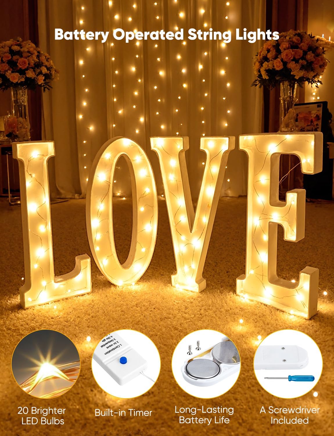 8 lighting modes including steady on, twinkle/flash, slow fade, sequential, and combination