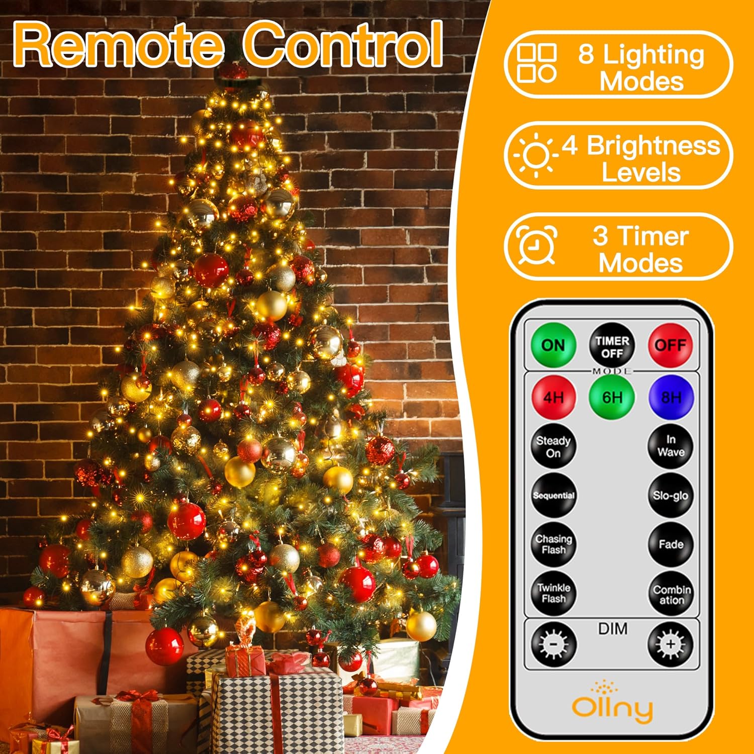 8 lighting modes with 4 dimmable brightness levels and modes memory function