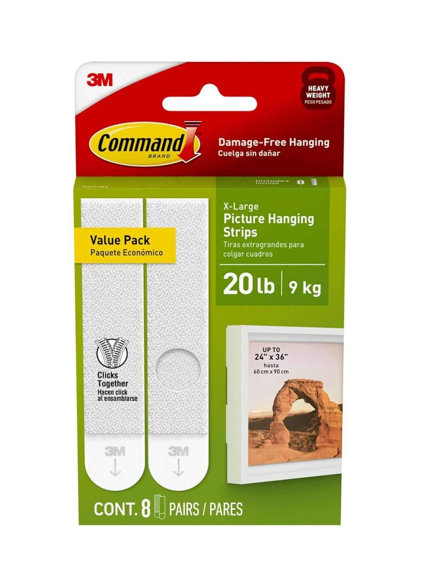 Command 20 Lb XL Heavyweight Picture Hanging Strips, Adhesive Wall Hanger for Seasonal Decorating and Refreshing Home Interiors Without Repainting, 8 Pairs White Adhesive Strips