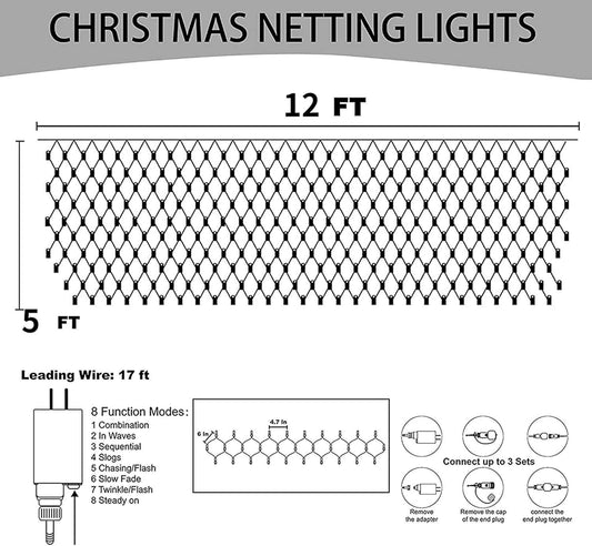 Ollny Christmas Net Lights – 360 LED 12ft x 5ft Holiday Mesh Lights for Fireplace Mantle, Window Frame and Indoor Tree Decor, 8 Modes