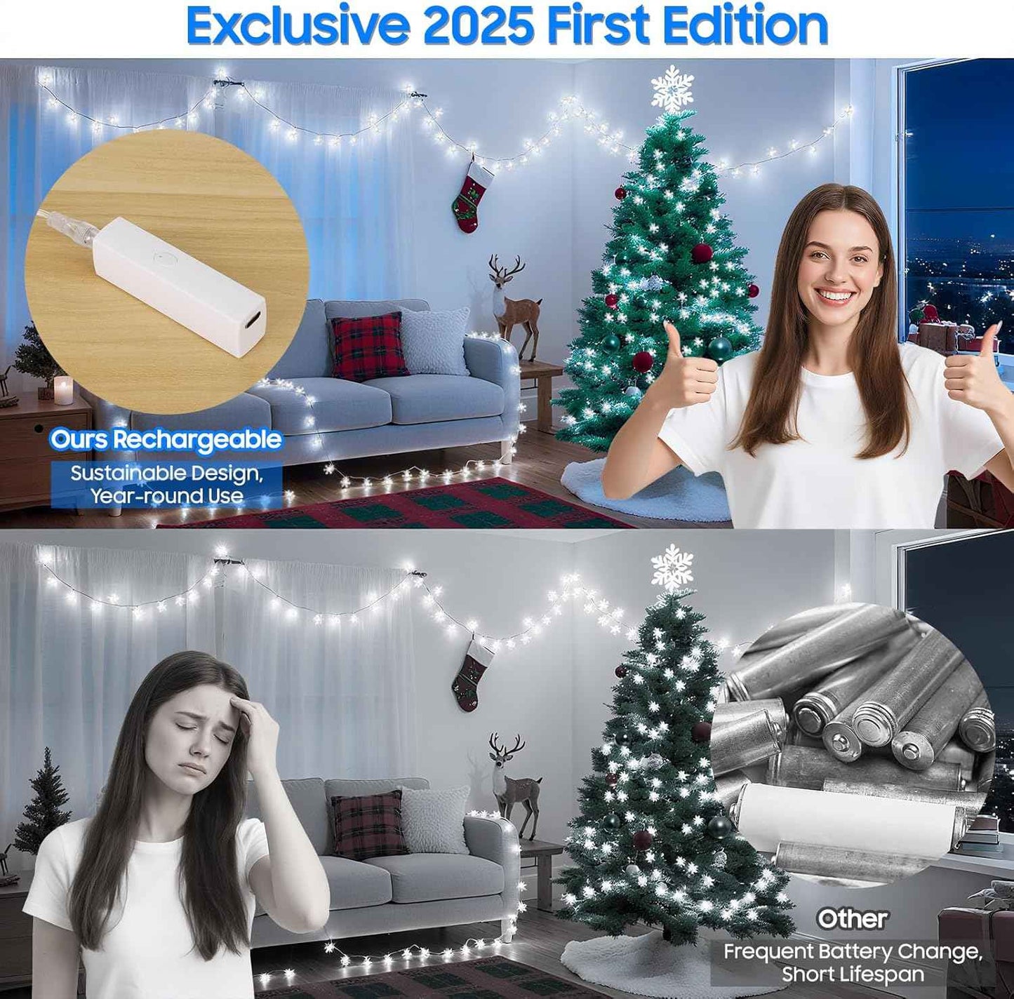 Lakumu Snowflake Fairy Lights 20FT Battery Operated String Lights for Bedroom Aesthetic and Cozy Living Room Decor