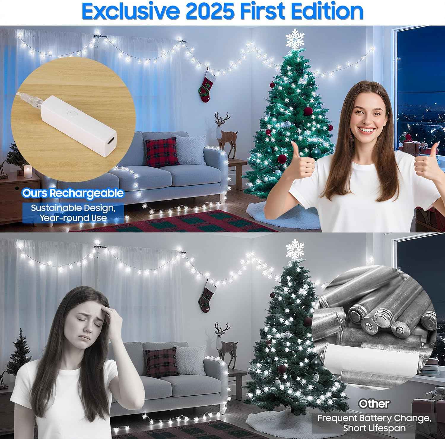 Lakumu Snowflake Fairy Lights 20FT Battery Operated String Lights for Bedroom Aesthetic and Cozy Living Room Decor