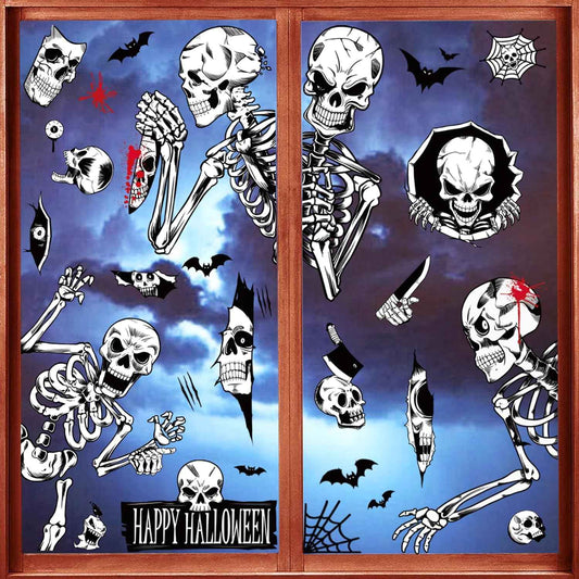 Halloween Window Decals - Mixed Skulls, Skeletons, and Blood Drops for Home Glass Doors and Stairwell Panels, Reusable Static Cling