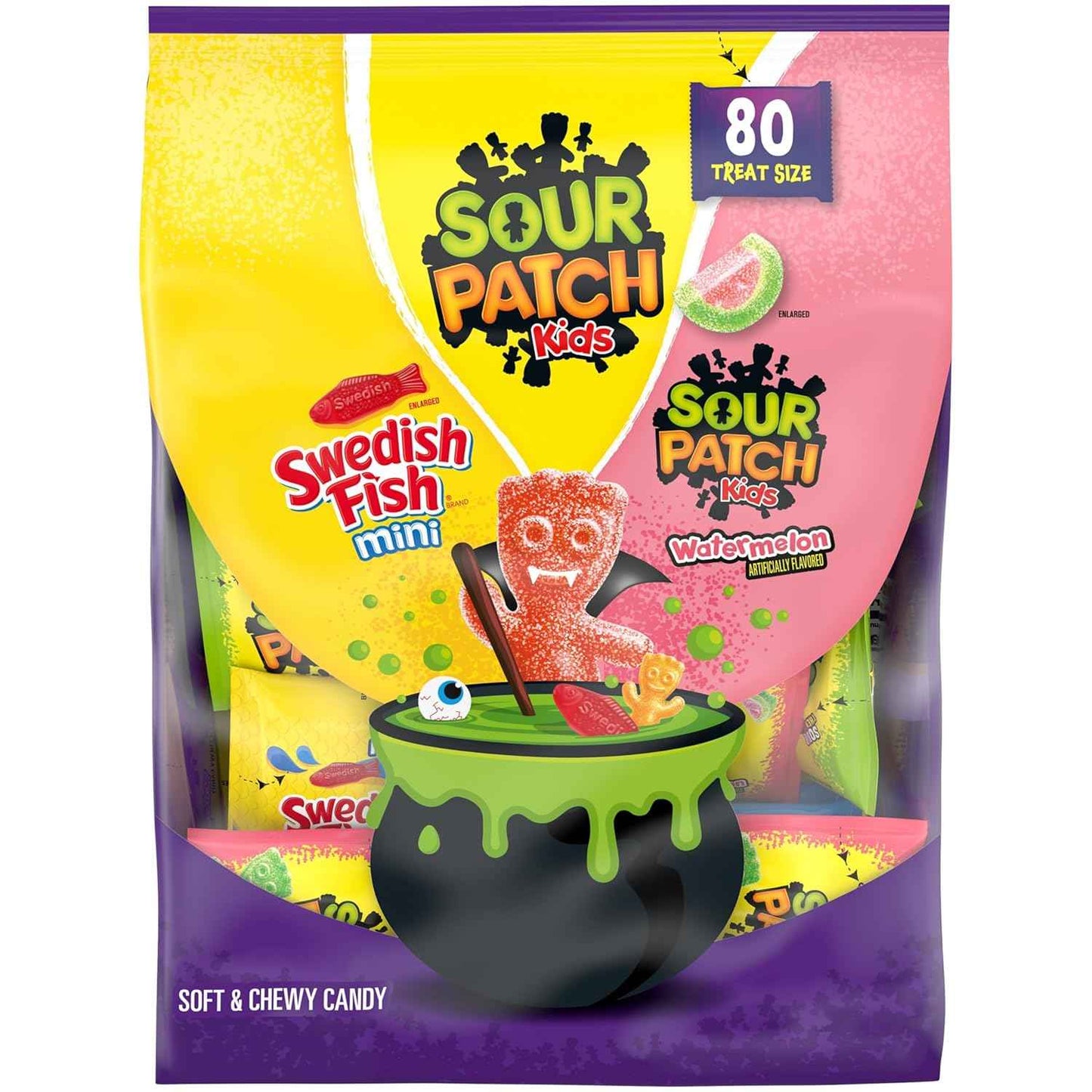 SOUR PATCH KIDS and SWEDISH FISH Halloween Candy Variety Pack for Kids Classroom Parties, Bulk 80 Trick or Treat Bags