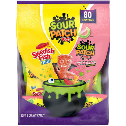 SOUR PATCH KIDS and SWEDISH FISH Halloween Candy Variety Pack for Kids Classroom Parties, Bulk 80 Trick or Treat Bags