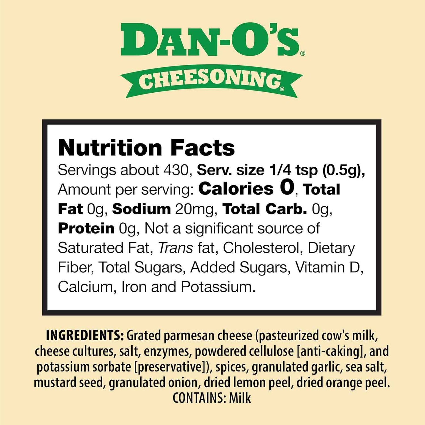 Dan-O's, 7.6 oz Bottle, All Purpose Seasoning for Pizza, Popcorn, Chicken, Bread and More, Sugar Free, Zero Calorie, Parmesan Cheese Replacement for your Favorite Foods