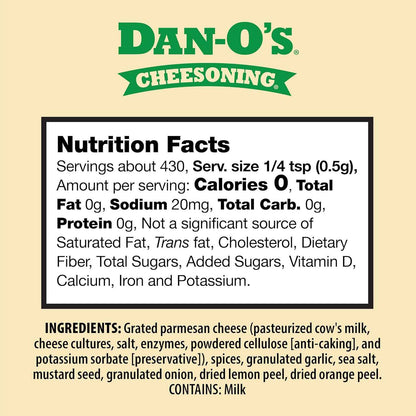 Dan-O's, 7.6 oz Bottle, All Purpose Seasoning for Pizza, Popcorn, Chicken, Bread and More, Sugar Free, Zero Calorie, Parmesan Cheese Replacement for your Favorite Foods