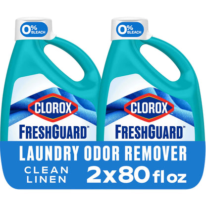 Clorox FreshGuard Laundry Odor Remover, 0% Bleach, Clean Linen, 80 Fl Oz., Pack of 2 (Pack May Vary)