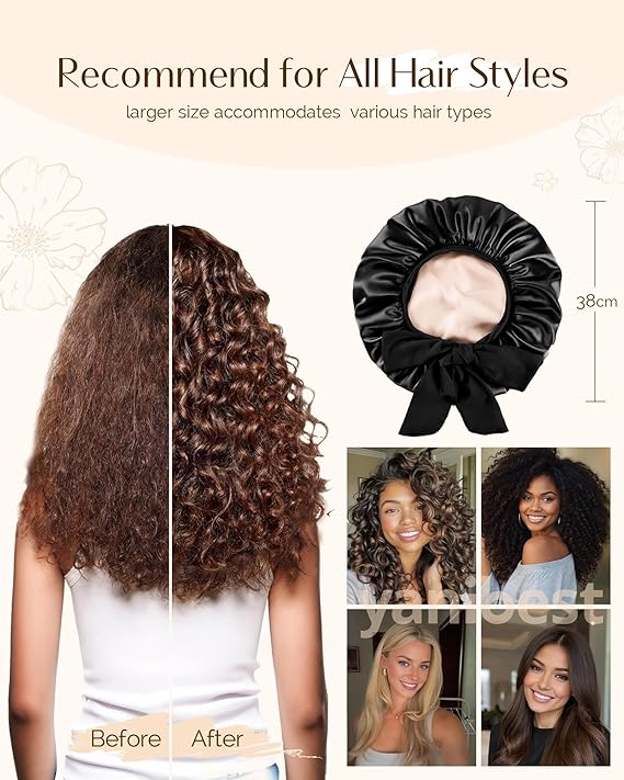 YANIBEST Adjustable Double Layer Satin Bonnet, Silk Hair Bonnet for Sleeping with Elastic Tie Curly Natural Hair Reduce frizz