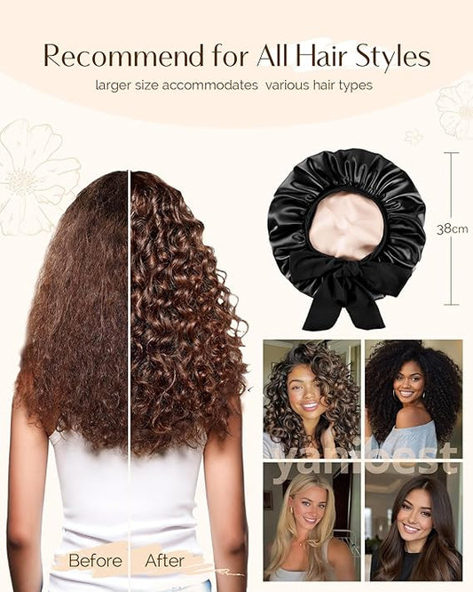 YANIBEST Adjustable Double Layer Satin Bonnet, Silk Hair Bonnet for Sleeping with Elastic Tie Curly Natural Hair Reduce frizz