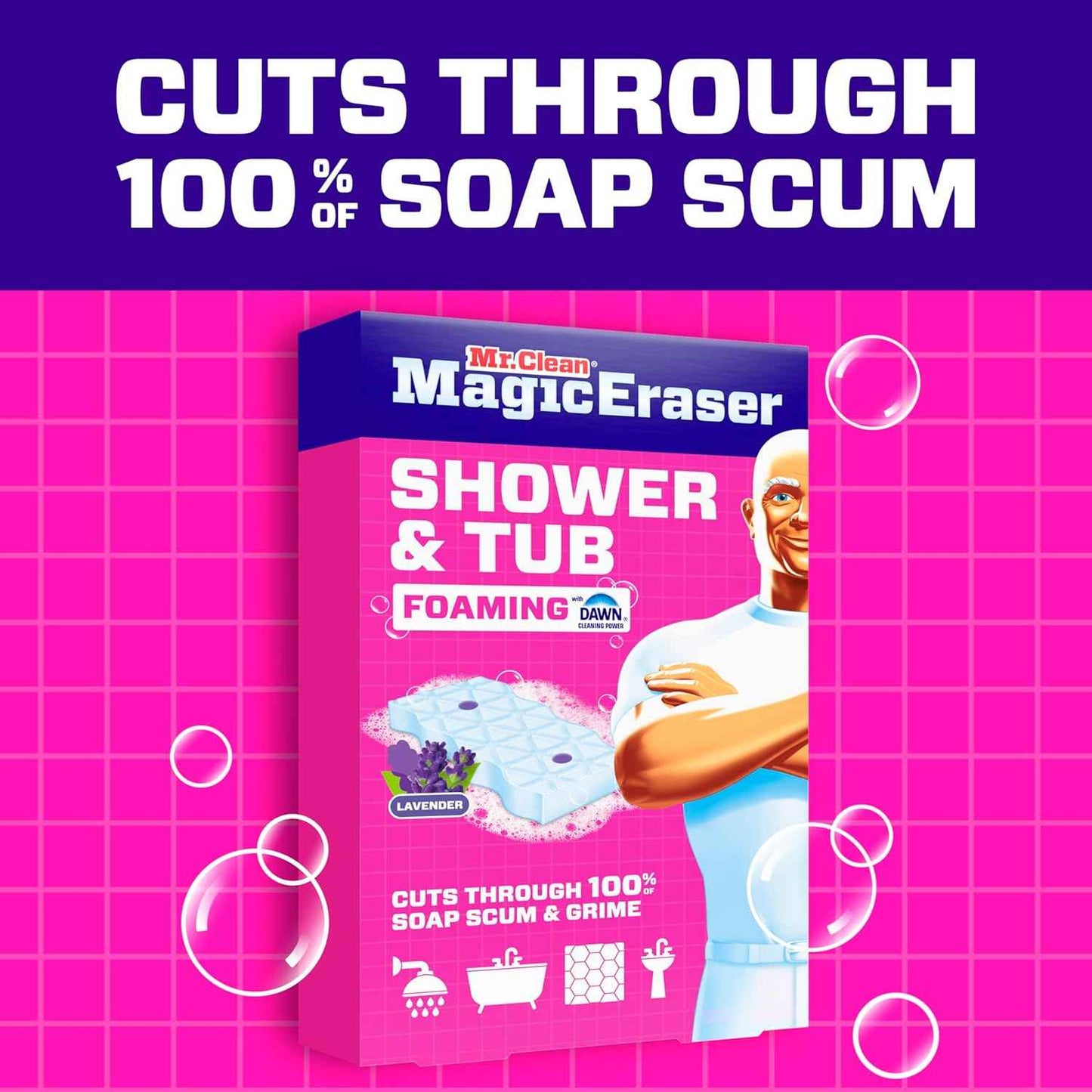 Mr. Clean Magic Eraser Sponge, Bathroom, Shower, Tub Cleaner, Soap Scum Remover, Bathroom Cleaning Supplies, Dawn Cleaning Power with Lavender Scent, Shower & Tub