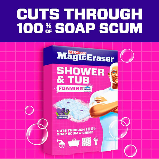 Mr. Clean Magic Eraser Sponge, Bathroom, Shower, Tub Cleaner, Soap Scum Remover, Bathroom Cleaning Supplies, Dawn Cleaning Power with Lavender Scent, Shower & Tub
