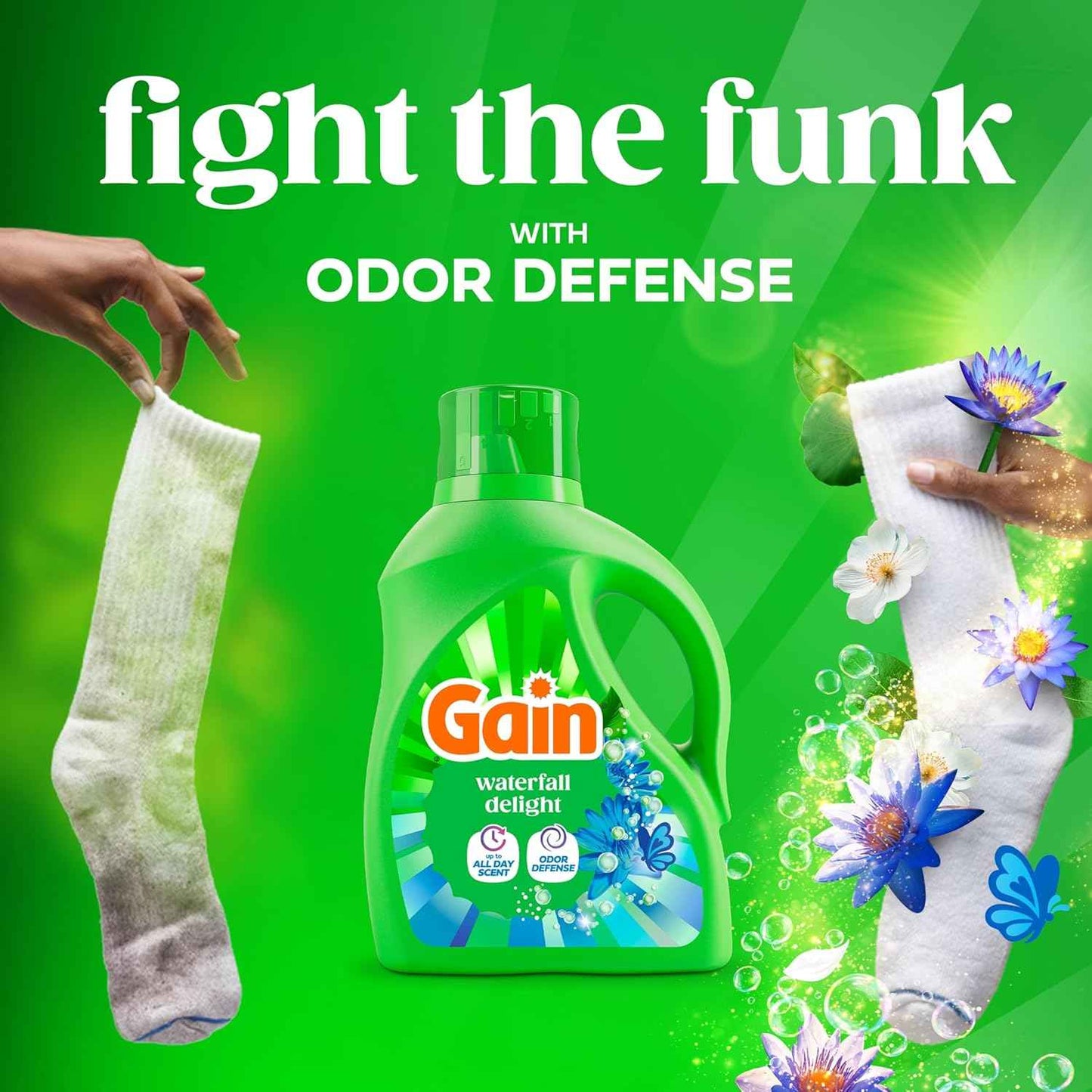 Gain Liquid Laundry Detergent with Odor Defense, Waterfall Delight Scent, Laundry Soap For HE Washing Machines