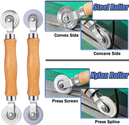 King&Charles_Window_Screen_Door_Repair/Replacement_Kit,_Include_Black_Screen_Mesh_48"x118"+_2_Roller+50Ft_Spline+8Clips+Hook,_6_in_1_Window_Mesh_Kit,_Steel/Nylon_Bearing_Roller