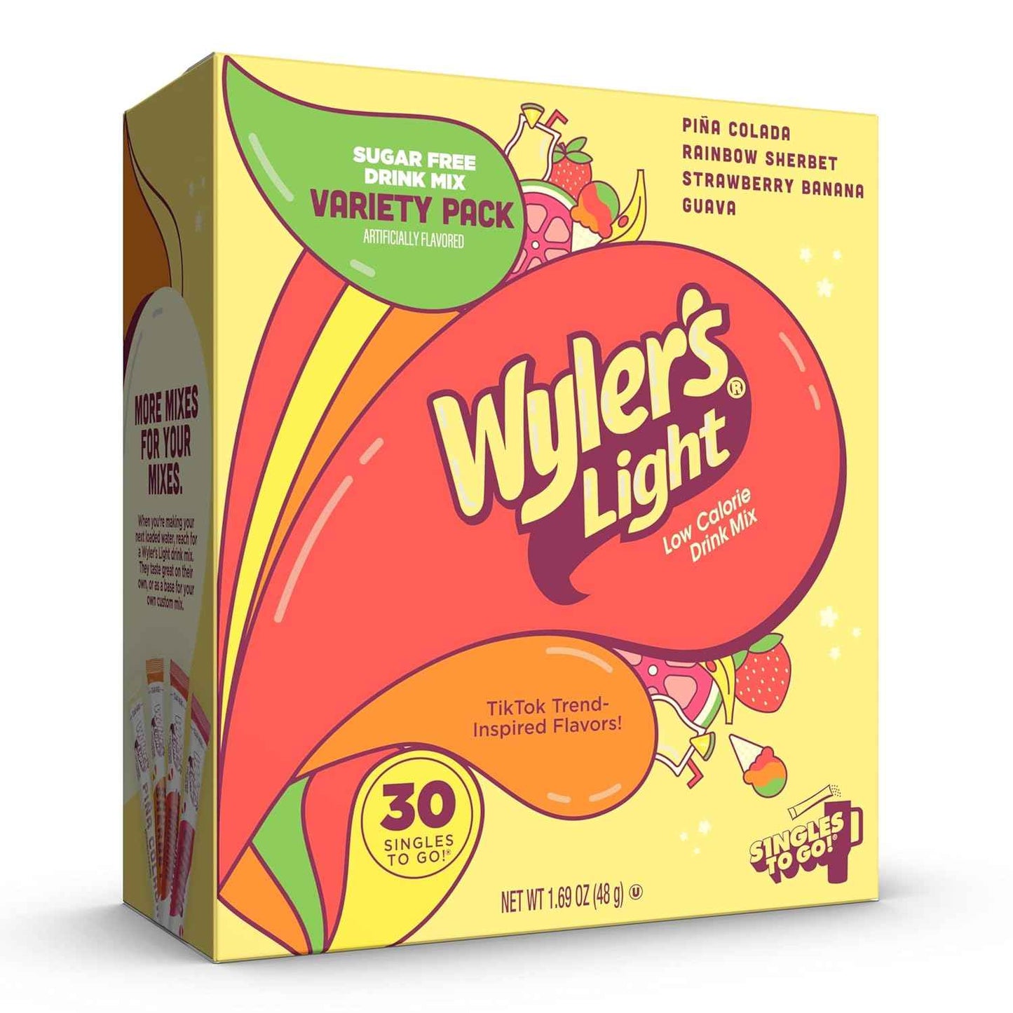 Wyler’s Light Variety Pack, Singles To Go Sugar Free Drink Mix, Low Calorie Water Enhancer, 30 Sticks, Piña Colada, Rainbow Sherbet, Strawberry Banana, Guava
