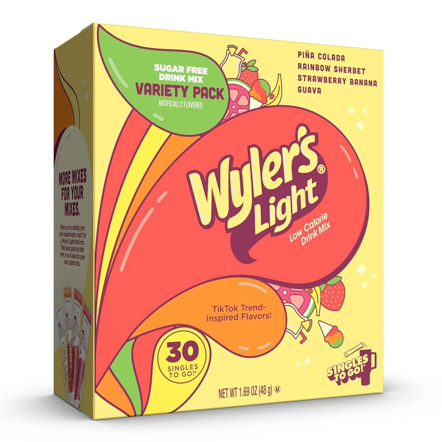 Wyler’s Light Variety Pack, Singles To Go Sugar Free Drink Mix, Low Calorie Water Enhancer, 30 Sticks, Piña Colada, Rainbow Sherbet, Strawberry Banana, Guava