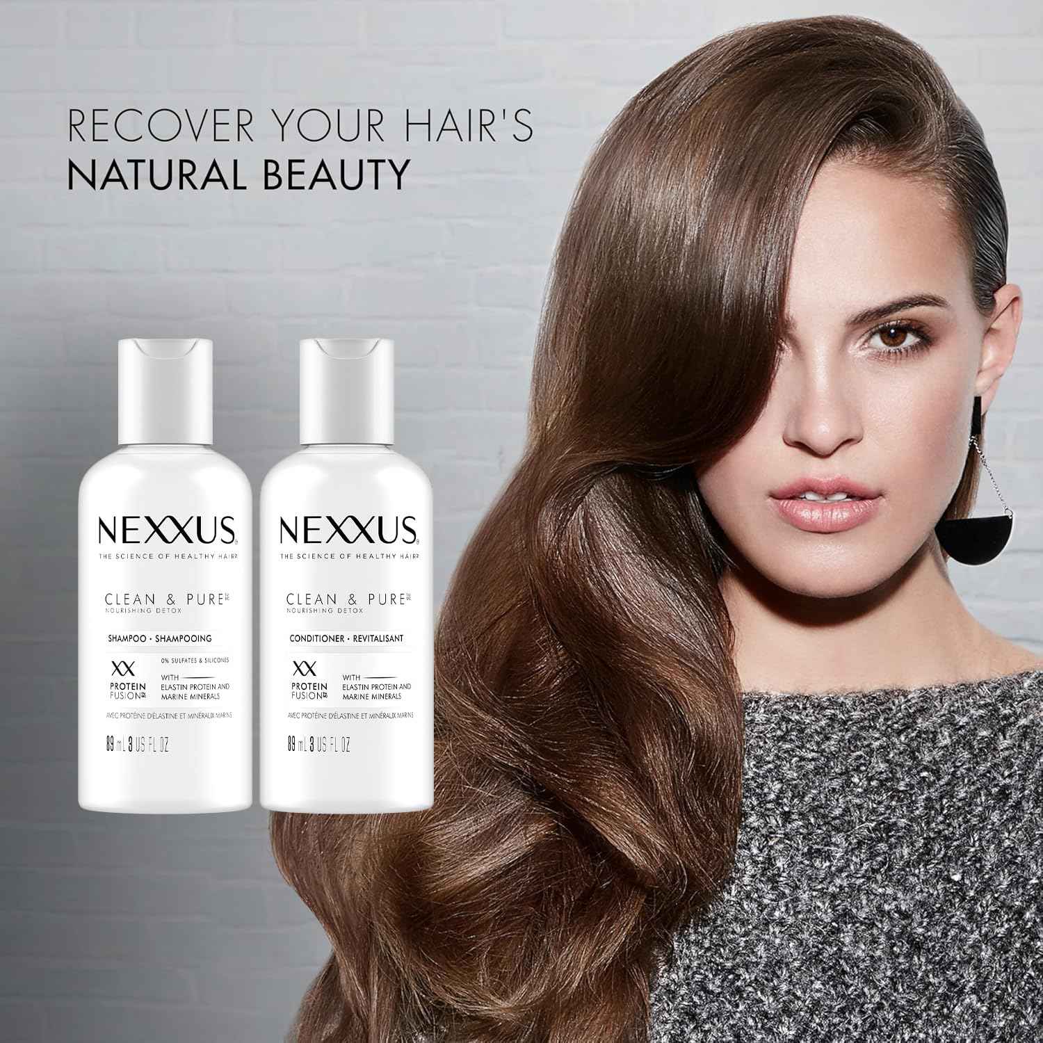 Nexxus Travel Shampoo and Conditioner, Clean & Pure – Hair Products with Elastin Protein and Marine Minerals, Sulfate-Free, 3 Oz Ea