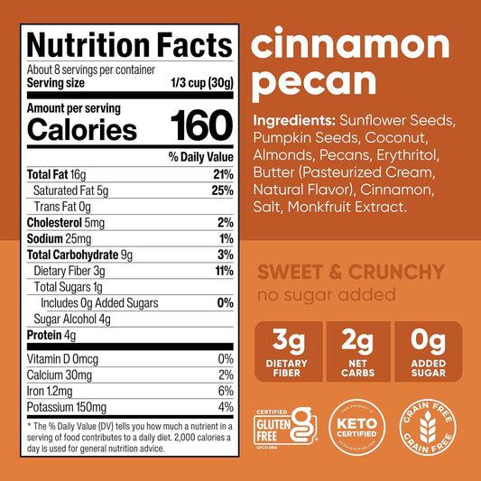 NuTrail Nut Granola Cereal, Cinnamon Pecan, No Sugar Added, Gluten Free, Grain Free, Keto, Low Carb, Healthy Breakfast 8 oz