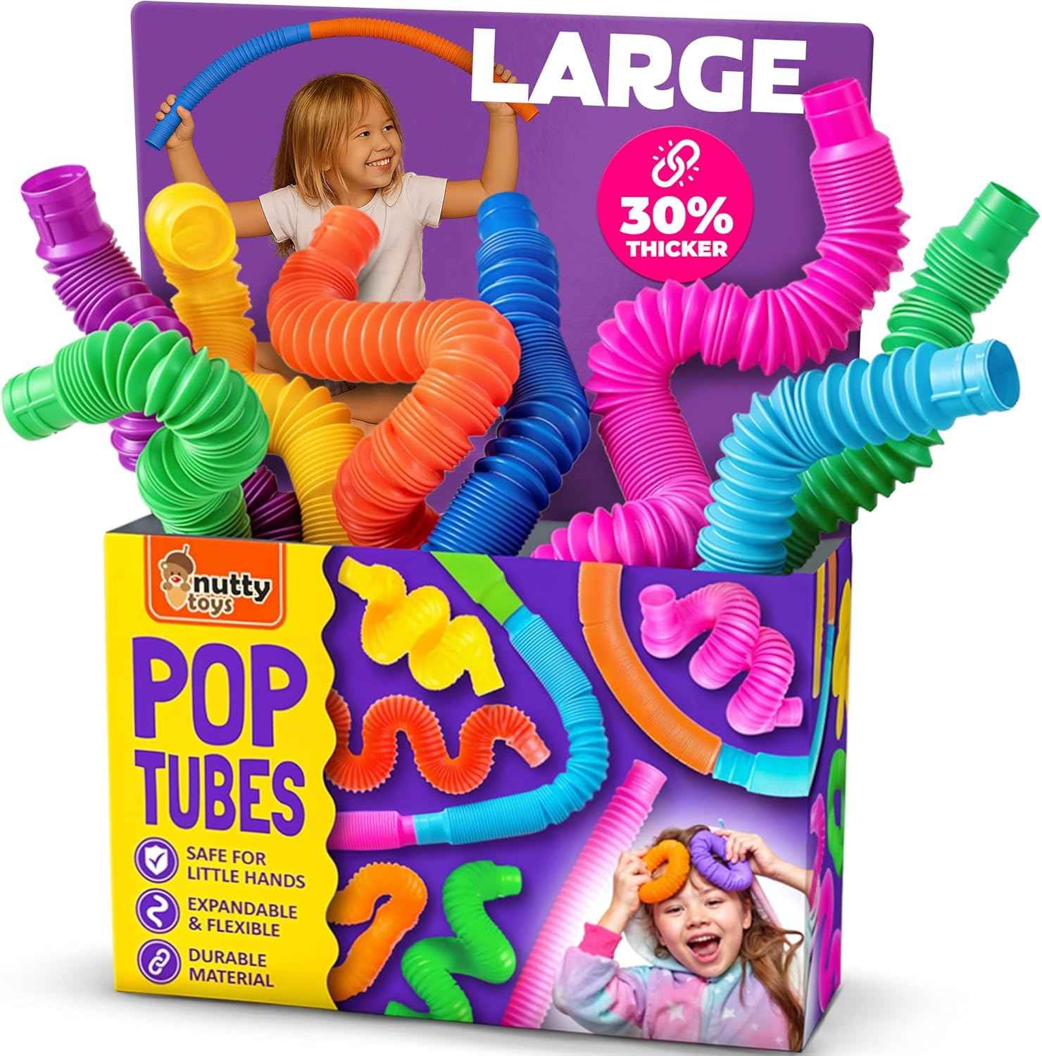 Nutty Toys Pop Tubes - Sensory Toys - Creative STEM Learning for Kids & Toddlers - Connect & Pop! Top ADHD Autism Fidget 2026, Best Boy & Girl Easter Basket Stuffers Gifts Idea
