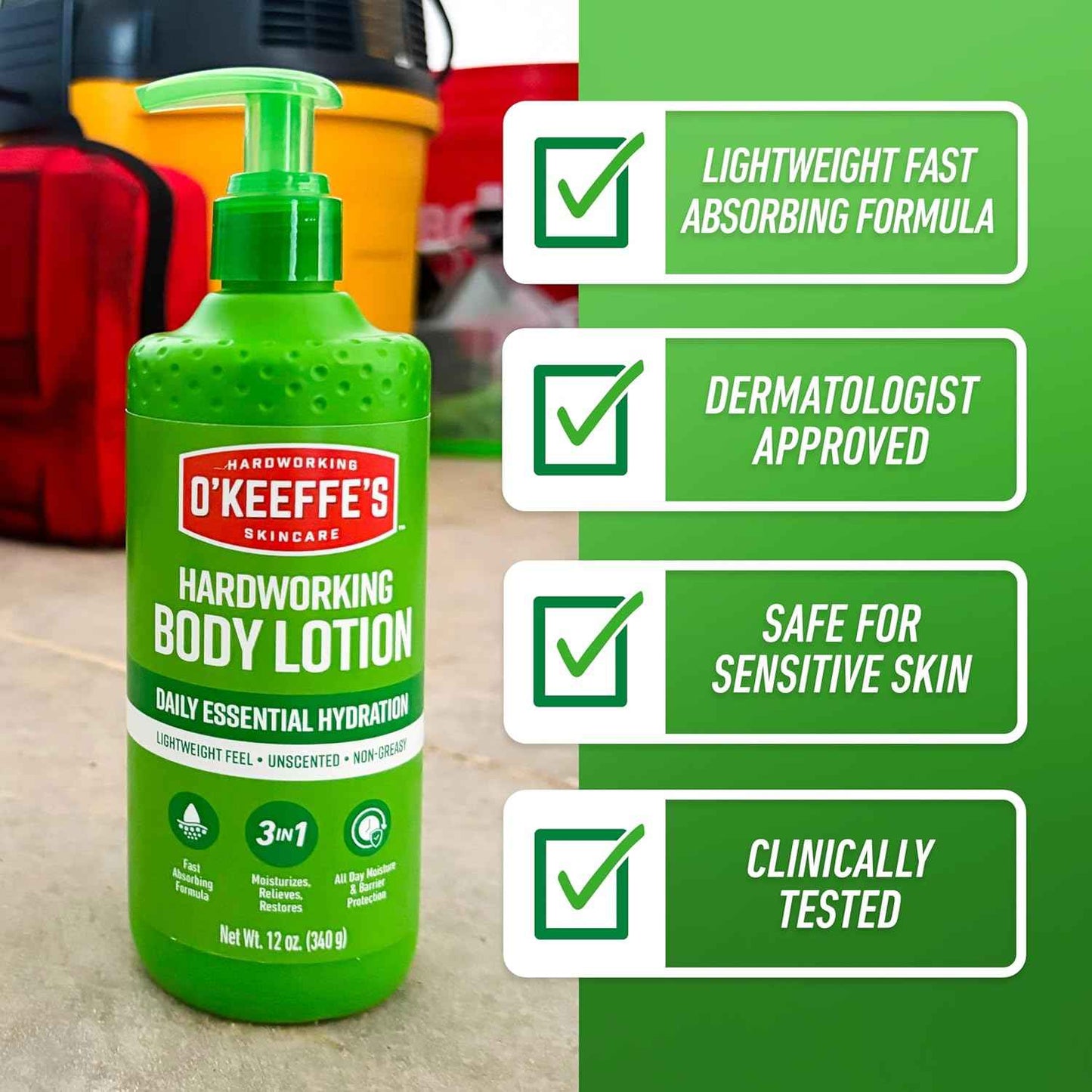 O’Keeffe’s Hardworking Body Lotion, Daily Hydration for Dry Skin, Non Greasy & Unscented, Lightweight Fast Absorbing Formula