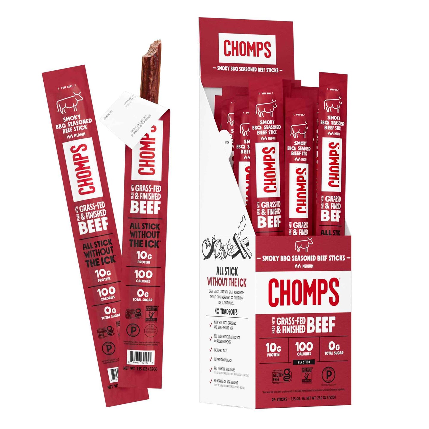 Chomps Grass-Fed and Finished Jerky Snack Sticks 24-Pack, Keto, Paleo, Whole30, 10g Protein, Gluten-Free