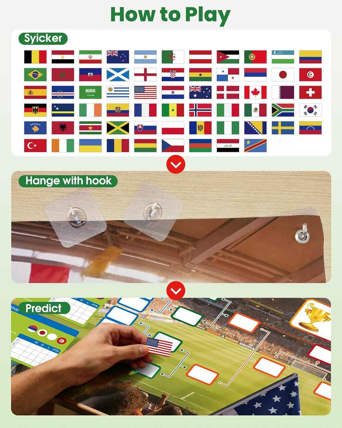 GAMSOD 2026 World Cup Schedule Poster – 39x59 Inches Tournament Bracket Wall Chart with Reusable National Flags Sticker& Hooks, DIY Predict Game Results, Great Soccer Fan Gift for Game Day Party