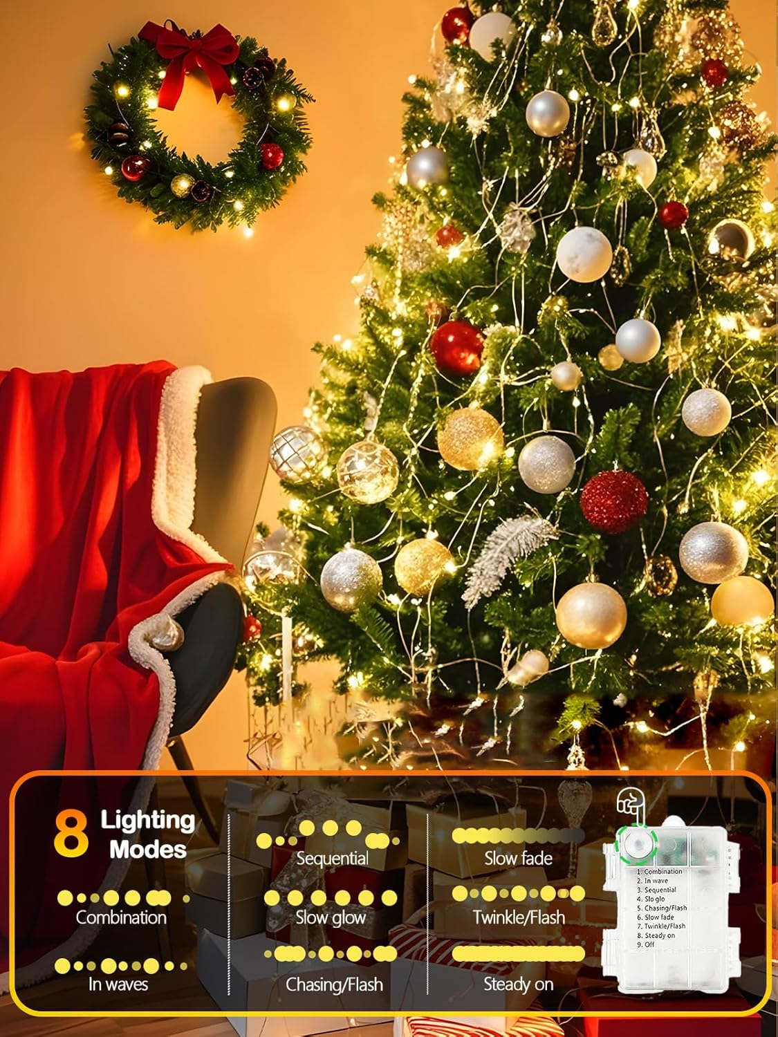 4_Pack_100_LED_Fairy_Lights_Battery_Operated_with_Remote,_33FT_Waterproof_Twinkle_Lights_with_Timer_&_8_Modes,_Fairy_String_Light_Outdoor_Indoor_for_Bedroom_Classroom_DIY_Christmas_Decor_(Warm_White)