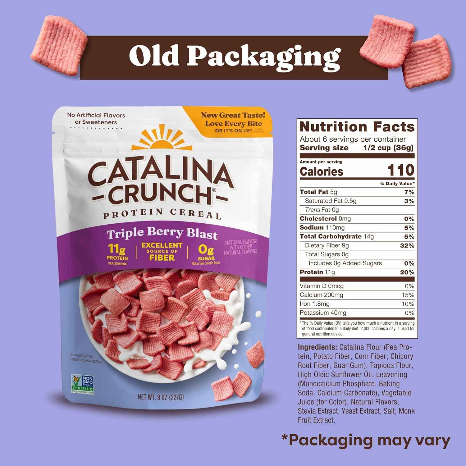 Catalina Crunch Protein Cereal - Sugar Free Breakfast Cereal with 11g of Protein - Gluten Free - Triple Berry Blast - 8 oz. Bag (Pack of 1), Packaging May Vary