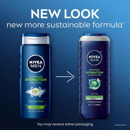 NIVEA MEN Maximum Hydration Body Wash for Dry Skin, Aloe Vera Enriched, 3-in-1 Moisturizing Body Wash, Face and Hair, Paraben Free, Vegan Formula