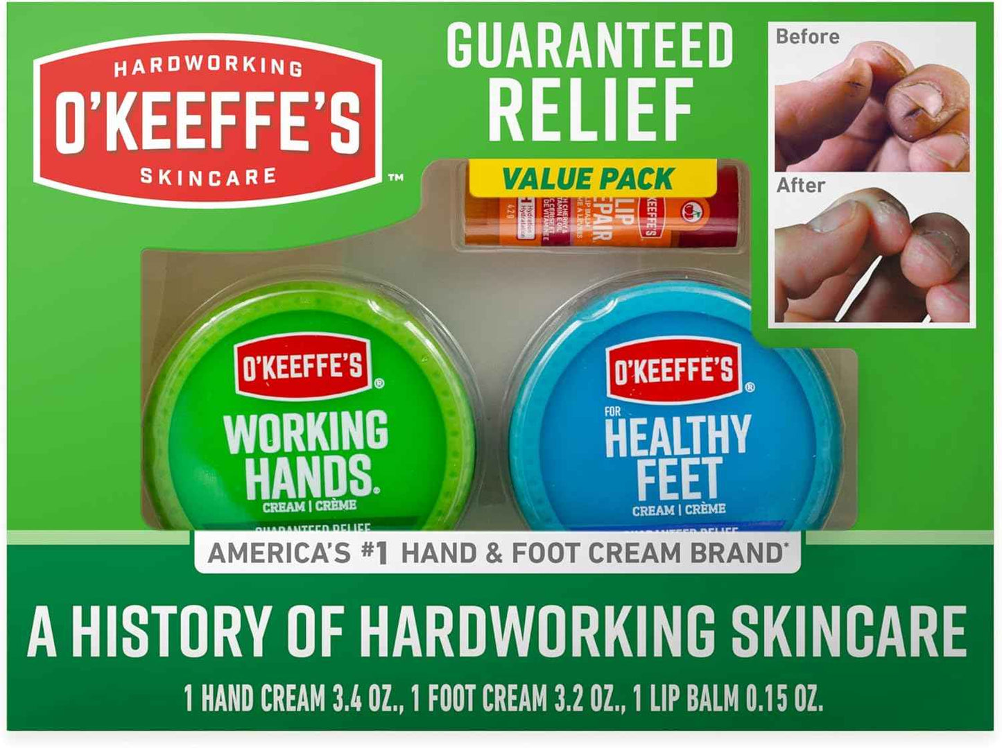 O'Keeffe's Giftbox Including Lip Repair with Cherry and Vitamin E Oil Stick, Working Hands Jar and Healthy Feet Jar, Gift Idea for Moms, Fathers, Caretakers, and More