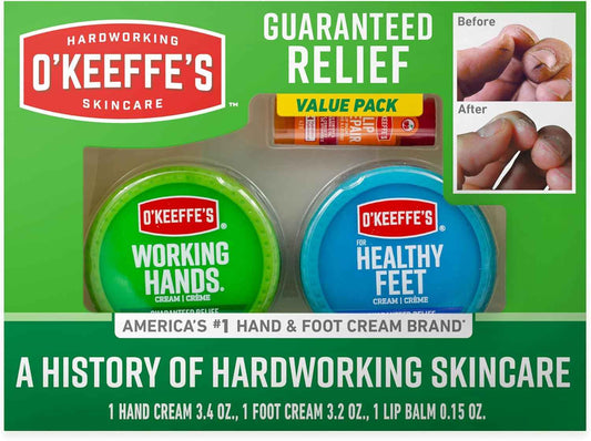 O'Keeffe's Giftbox Including Lip Repair with Cherry and Vitamin E Oil Stick, Working Hands Jar and Healthy Feet Jar, Gift Idea for Moms, Fathers, Caretakers, and More