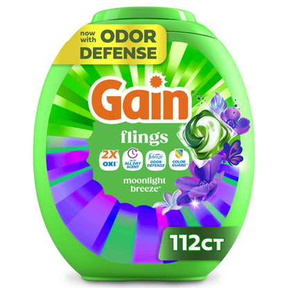Gain Flings Liquid Washing Detergent Pacs with Odor Defense + Color Guard, Moonlight Breeze Scent, 4-In-1 Liquid Laundry Detergent Pods, Clean & Fresh
