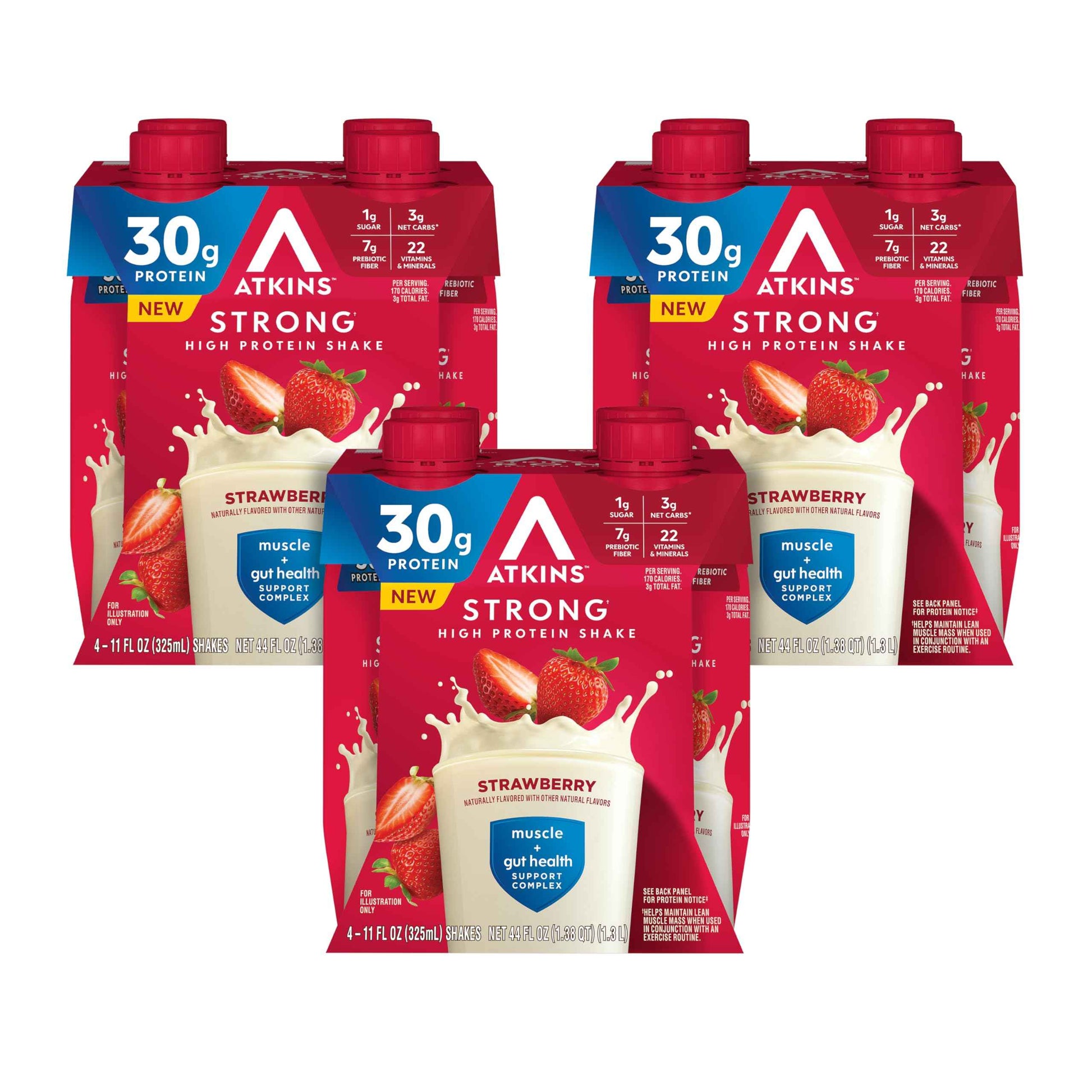 Atkins Strong High Protein Shake, 30g Protein, 7g Prebiotic Fiber, 1g Sugar, GLP-1 Support, Muscle & Gut Health Support Complex