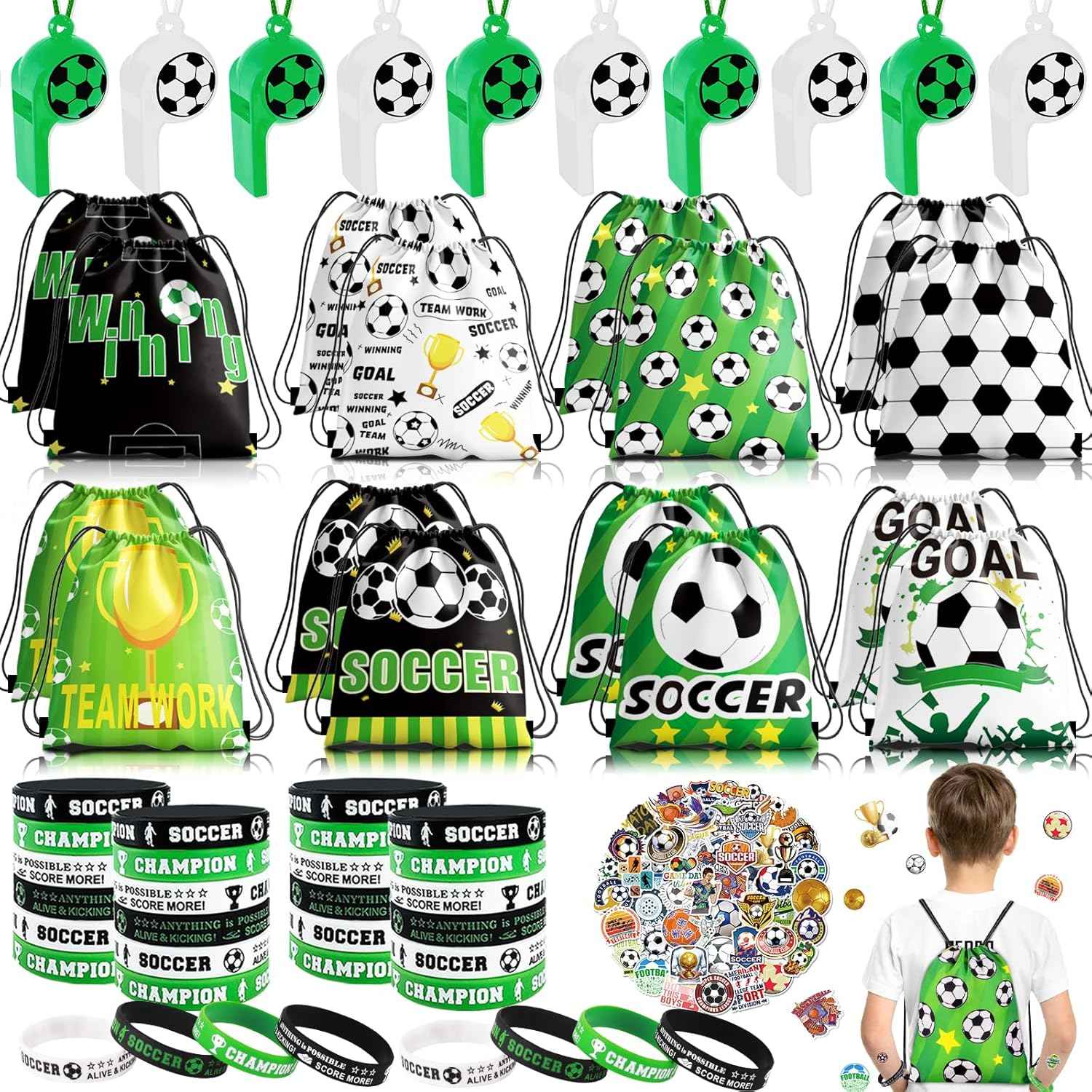 Miucat 98Pcs Soccer Party Favors, Soccer Goodie Bags with Silicone Bracelet Soccer Whistles Stickers Drawstring Bags Gift Snack Bag for Soccer Party Decorations Party Supplies