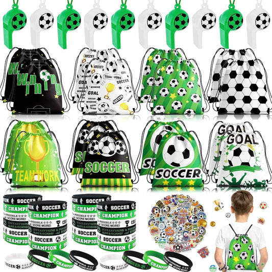 Miucat 98Pcs Soccer Party Favors, Soccer Goodie Bags with Silicone Bracelet Soccer Whistles Stickers Drawstring Bags Gift Snack Bag for Soccer Party Decorations Party Supplies