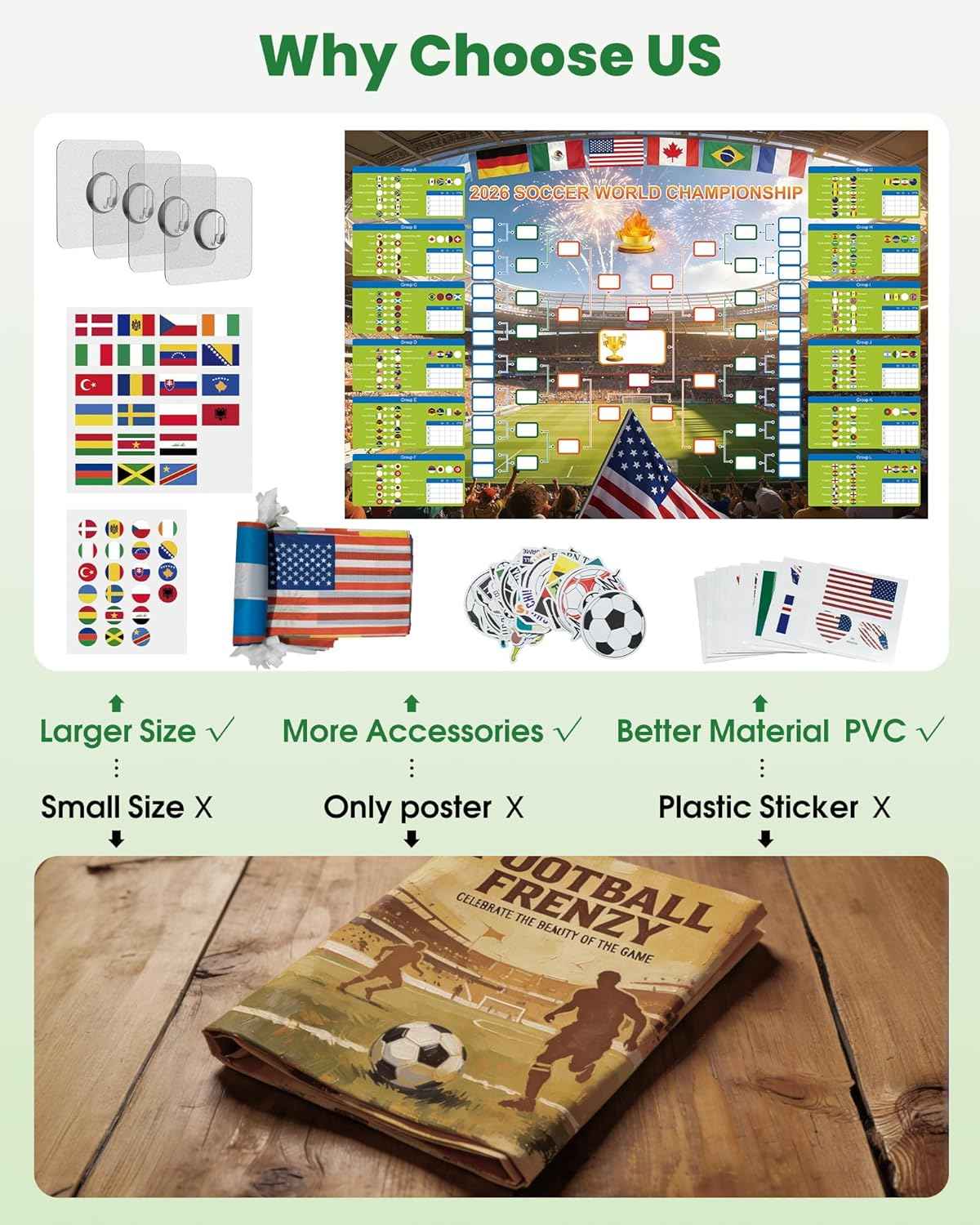 GAMSOD 2026 World Cup Schedule Poster – 39x59 Inches Tournament Bracket Wall Chart with Reusable National Flags Sticker& Hooks, DIY Predict Game Results, Great Soccer Fan Gift for Game Day Party