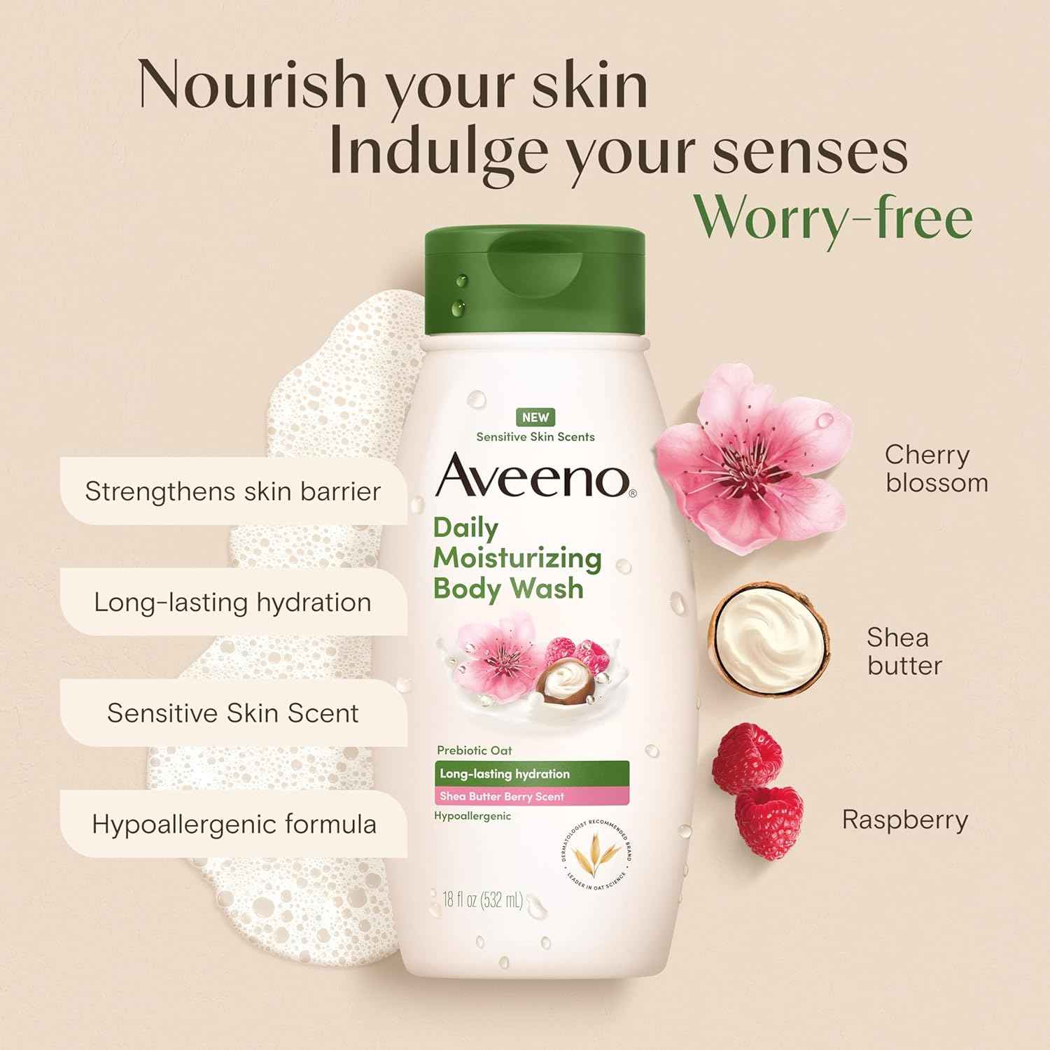 Aveeno Daily Moisturizing Body Wash with A Shea Butter Berry Scent & Soothing Prebiotic Oat, Provides Long-Lasting Hydration for Sensitive Skin, Hypoallergenic, Paraben-Free, 18 fl. oz