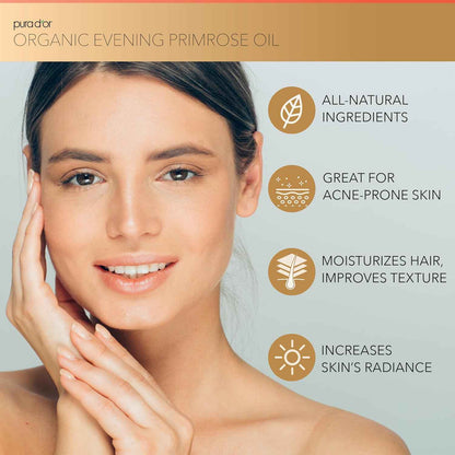 PURA D'OR Organic Evening Primrose Oil (4oz) 100% Pure Cold Pressed w/Natural Essential Fatty Acids & Antioxidant Rich - Moisturizes, Rejuvenates, Renews & Restores - Skin, Hair & Face