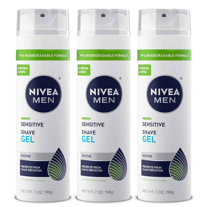 NIVEA MEN Sensitive Shave Gel, Shaving Gel for Men with Sensitive Skin, Enriched with VitaminPro Complex, 7 Oz Can, Pack of 3