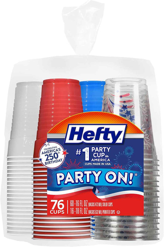 Hefty Party On Disposable Plastic Party Cups, 16 Oz Cups in Assorted Colors and 18 Oz Clear Cups with Festive Firework Print for Fourth of July Celebrations and Summer Entertaining