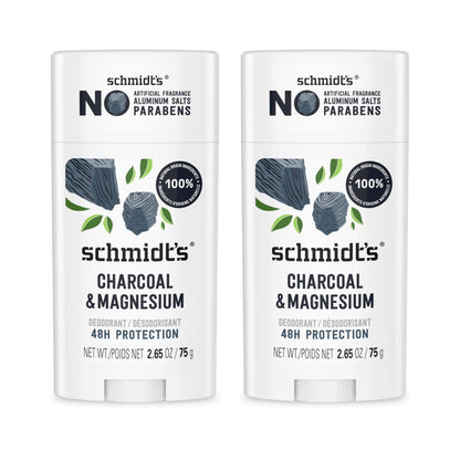 Schmidt&amp;#39;s Aluminum-Free Vegan Deodorant Charcoal &amp;amp; Magnesium with 48 Hour Odor Protection, 2 Count for Women and Men, Natural Ingredients, Cruelty-Free, 2.65 oz, Pack of 2